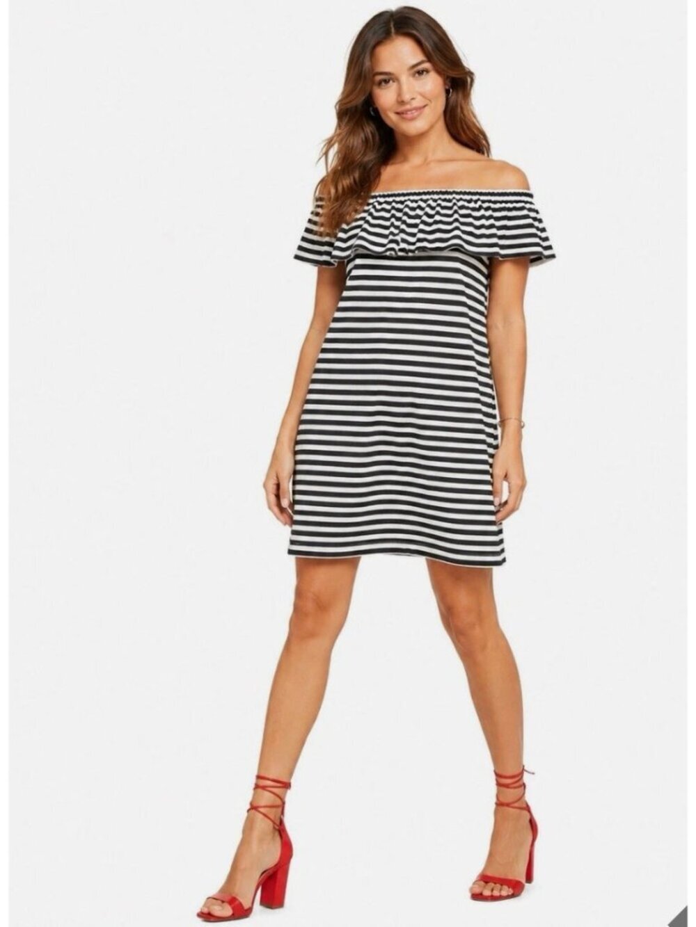 Kate Spade Broome Street Stripe Off The Shoulder Ruffle Dress Black White Size M